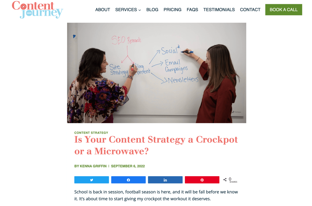 A screenshot of a blog post on "Is Your Content Strategy a Crockpot or a Microwave" from the Content Journey website.