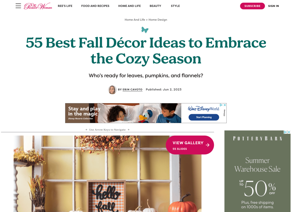 A screenshot of a fall decor ideas post from The Pioneer Woman website.